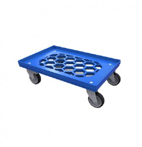 Chariot bleu pour bac 600x400 avec 4 roues pivotantes dont 2 avec frein